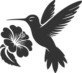 Flying hummingbird vector silhouette with flower