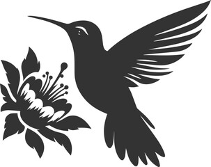 Flying hummingbird vector silhouette with flower