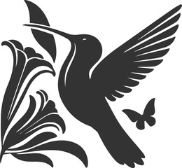 Obraz premium Flying hummingbird vector silhouette with flower