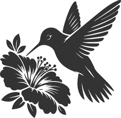 Flying hummingbird vector silhouette with flower