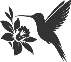 Flying hummingbird vector silhouette with flower