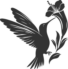 Flying hummingbird vector silhouette with flower