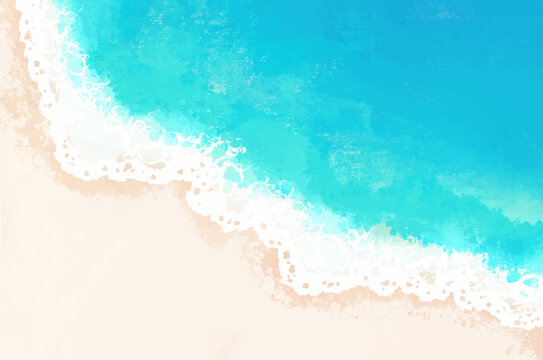 水彩風の海、砂浜と波のイラスト素材