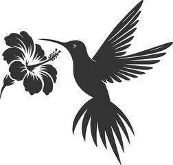 Flying hummingbird vector silhouette with flower
