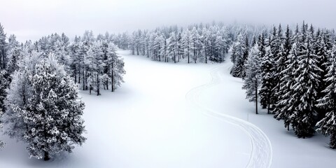 Aerial view of a dense pine forest covered in snow, with a winding path cutting through the trees