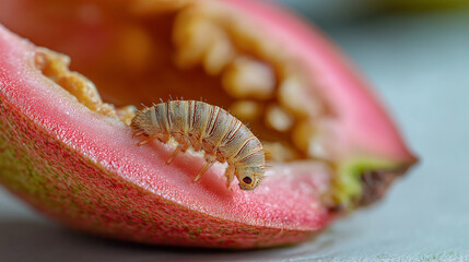 Fruit Worms Inside Damaged Tropical Fruit Showing Natural Pest Infestation