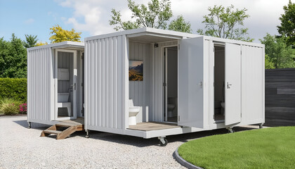 Mobile toilet cubicles on the street. Outdoor cabin with bio toilet. VC exterior Eco technology. AI generation.
