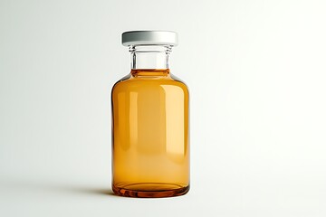 Amber Glass Bottle with Silver Cap on White, Liquid Substance in Clear Container