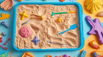 Colorful Sand Toys in a Blue Tray