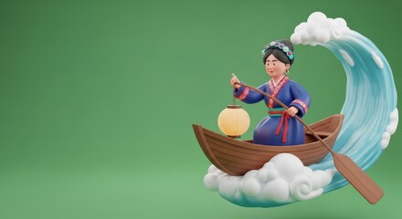 3D Character Boy Pirate Adrift on Raft with Shark Circling