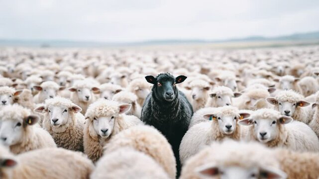 herd of sheep, black sheep in center, flock of white sheep, unique sheep imagery, animal behavior clip, farm life video, peaceful pasture scenes, contrast in nature, adorable sheep footage, wildlife i
