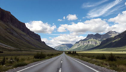 A summer mountain road stretching into the distance. AI generation.