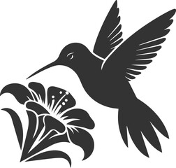 Flying hummingbird vector silhouette with flower