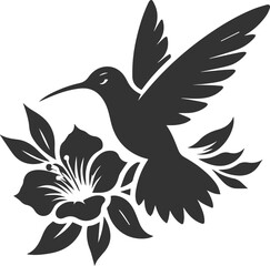 Flying hummingbird vector silhouette with flower