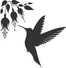 Obraz premium Flying hummingbird vector silhouette with flower