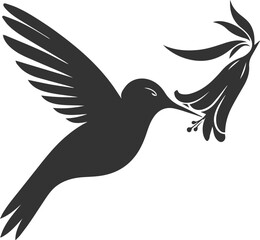 Flying hummingbird vector silhouette with flower