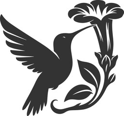 Flying hummingbird vector silhouette with flower