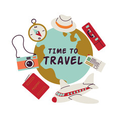 Time To Travel tourism trip vacation accessories elements card banner invitation poster