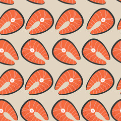 Tuna salmon red fish stake seamless pattern background for packaging and decoration. Eco healthy food concept.