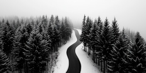 Aerial view of a dense pine forest covered in snow, with a winding path cutting through the trees