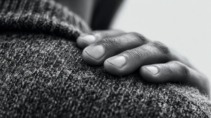 Soft young person's gentle hand clutching shoulder in subtle pain. Clean white space on side for ad or text. Calm fade tone evokes comfort and healing in a minimalist, serene setting.

