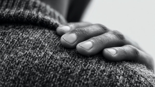 Soft young person's gentle hand clutching shoulder in subtle pain. Clean white space on side for ad or text. Calm fade tone evokes comfort and healing in a minimalist, serene setting.

