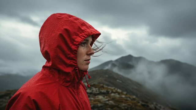 Woman in red hooded raincoat looks at mountain landscape. Person wearing waterproof jacket enjoys scenic view on cloudy day. Image depicts serene contemplation during outdoor adventure in nature.