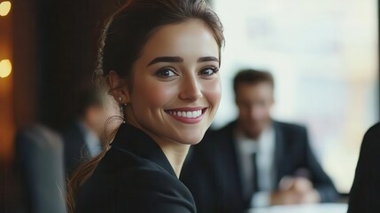 Fototapeta premium Happy female business professional with colleagues in meeting at office