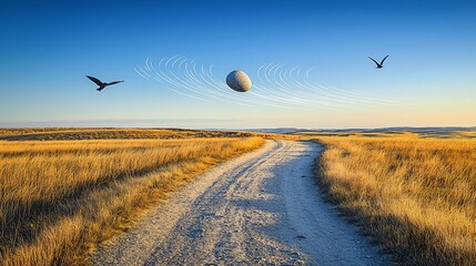 A gravel road stretches through a golden field under a vast blue sky, with a large, grey orb floating above it, accompanied by two birds in flight