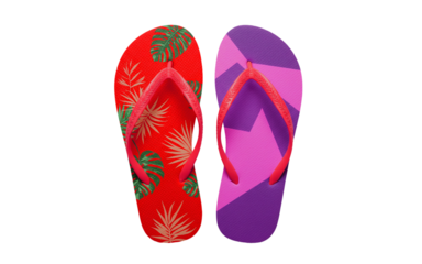 "Pair of mismatched flip-flops isolated on white background PNG, quirky and colorful"
