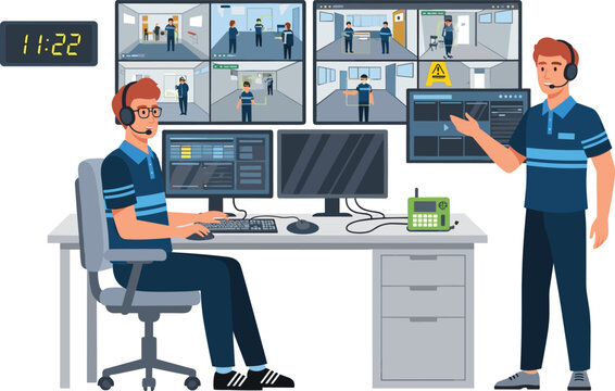 City surveillance control room with two security officers monitoring multiple CCTV feeds for urban safety and crime prevention