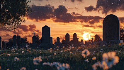 Silhouetted tombstones in a grassy cemetery at sunset