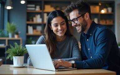 Portrait of Two Happy Female and Male Engineers Using Laptop Computer to Analyze and Discuss How to Proceed with the Artificial Intelligence Software. Casually Chatting in High Tech Research Office