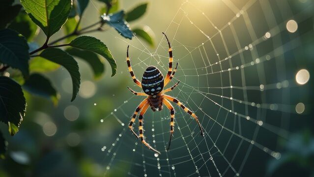 Spiders and spider webs between branches and leaves
