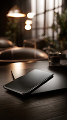 Sleek smartphone rests atop dark surface, modern living aesthetic in warm lighting.