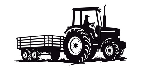 Farm Tractor with Trailer Silhouette.

