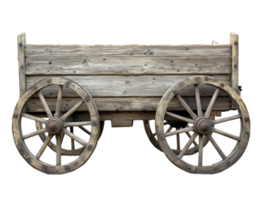 Weathered wooden cart with spoked wheels, showing age and rustic charm.  The cart's body is rectangular and simple