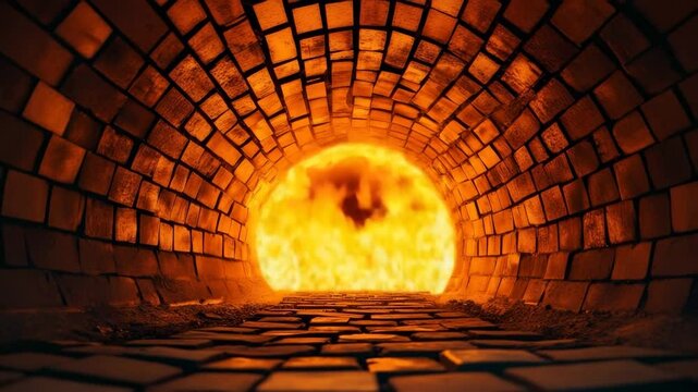 Glowing fiery furnace with intense orange flames inside brick tunnel radiates heat energy and industrial fire, creating powerful glowing flame and warm atmosphere in industrial setting