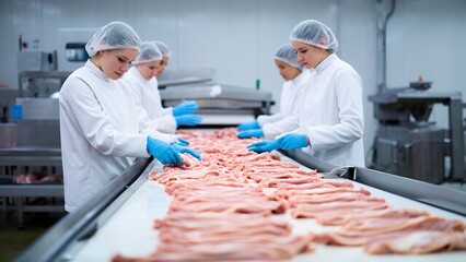 Meat processing operation food production facility industrial activity clean environment inside view food safety practices