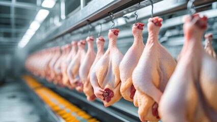Chicken processing line poultry factory industrial scene clean environment close-up view food production