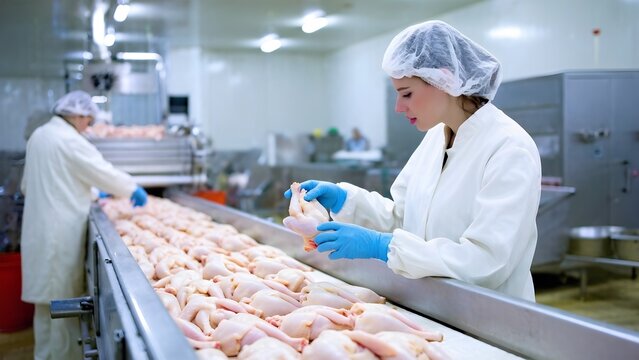 Quality control process in poultry processing plant factory environment industrial content close-up view food safety