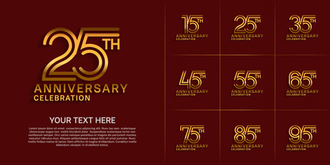 Anniversary logo style double line number set. golden color on red background for celebration event