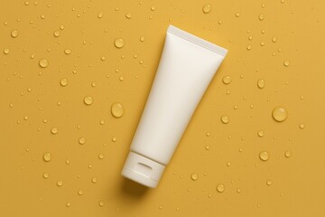 Cosmetic Tube Mockup on Yellow Background with Water Droplets for Product Display