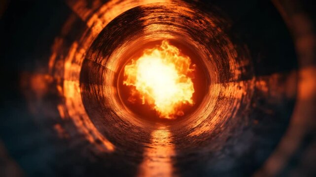 Fire explosion inside dark metal pipe with glowing orange and yellow flames, intense heat, and dramatic glowing effect creating powerful and dynamic industrial scene