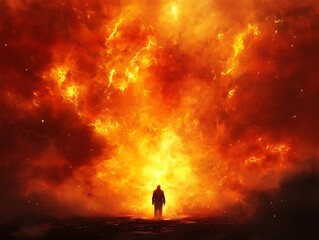 Obraz premium Solitary figure standing before an overwhelming inferno of fiery energy