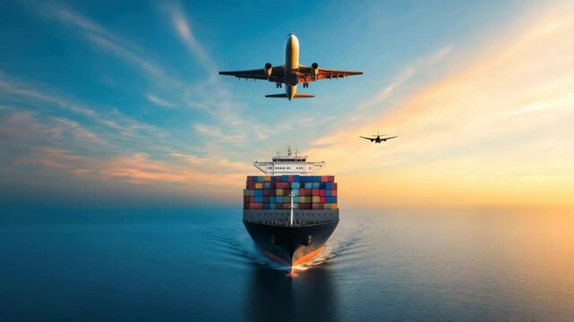 Container ship carrying colorful cargo containers sailing on calm sea and ocean under vibrant sky with airplanes flying above, symbolizing global shipping, transportation, and freight logistics.