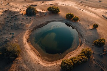 Aerial view of a desert oasis shimmering under the intense light of the afternoon sun