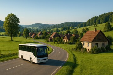 Landscape of bus traveling through rural countryside village asphalt road.