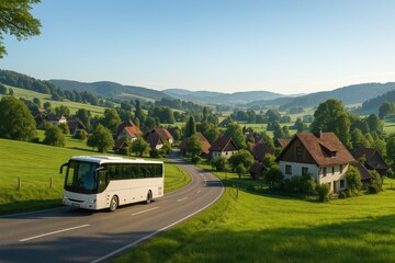 Landscape of bus traveling through rural countryside village asphalt road.