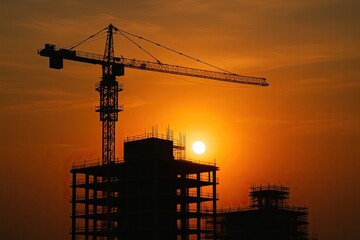 Silhouette of a construction site at sunset, crane and building shaping the skyline, industry development project with modern architecture.